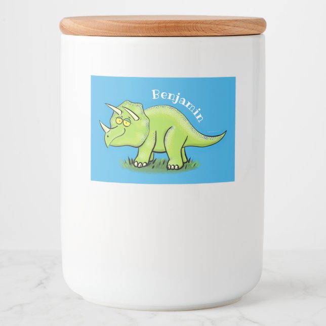 Étiquette Pour Bocaux Caricature de dinosaure de triceratops vert mignon (Devant)