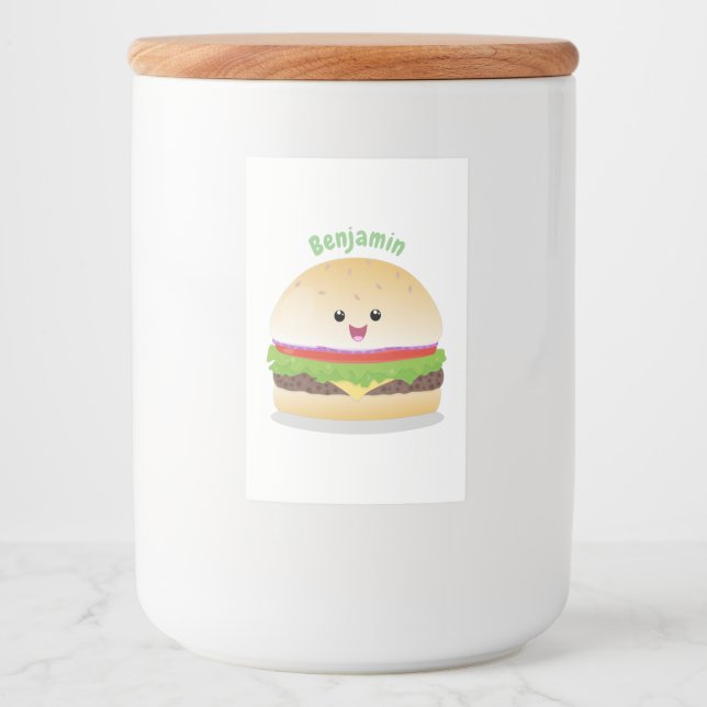 Étiquette Pour Bocaux Caricature de hamburger kawaii joyeux (Devant)