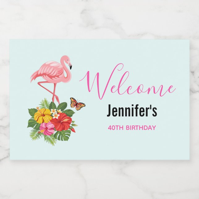 Étiquette Pour Bocaux Flamant rose rose & Hibiscus Tropical Fancy (Étiquettes simples)