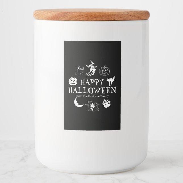 Étiquette Pour Bocaux Happy Halloween nom personnalisé noir blanc éffray (Devant)