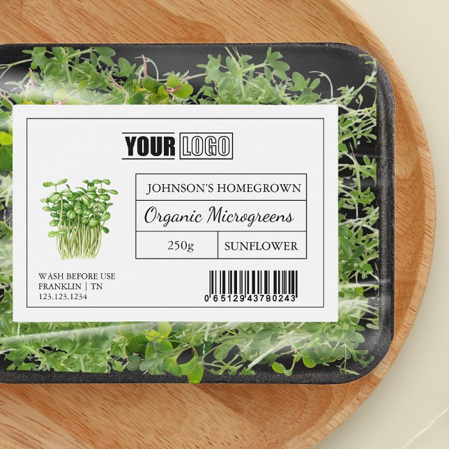 Étiquette Pour Bocaux Logo personnalisé et code-barres Microgreens bio f (Créateur téléchargé)