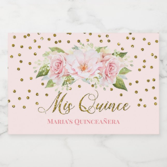 Étiquette Pour Bocaux Quinceañera 15e anniversaire Fleurs roses or (Étiquettes simples)