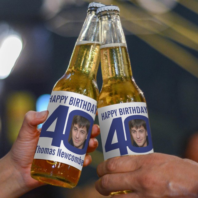 Étiquette Pour Bouteilles De Bière 40e anniversaire nom personnalisé marine bleu blan (Créateur téléchargé)