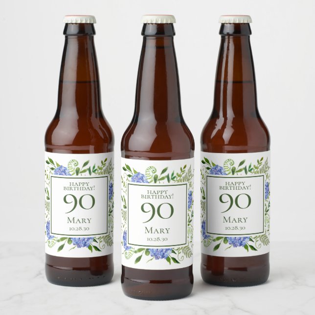 Étiquette Pour Bouteilles De Bière 90e anniversaire Blue Hydrangeas (Bouteilles)