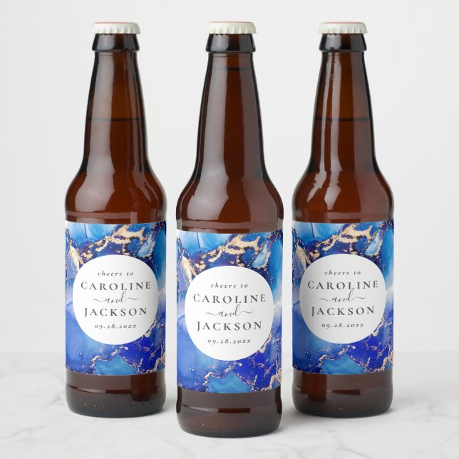 Étiquette Pour Bouteilles De Bière Aquarelle moderne Mariage bleu or (Bouteilles)