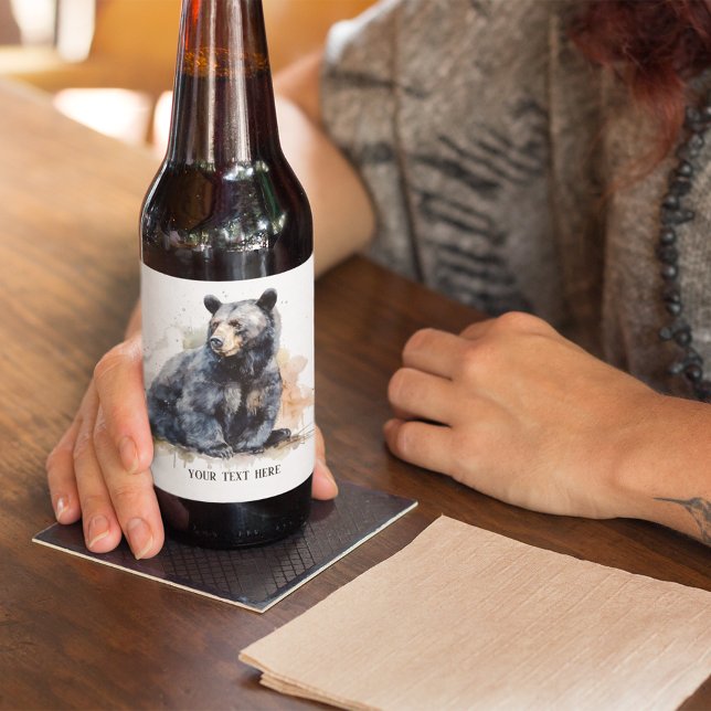 Étiquette Pour Bouteilles De Bière Aquarelle Ours Noir Bois Art, coutume (Créateur téléchargé)