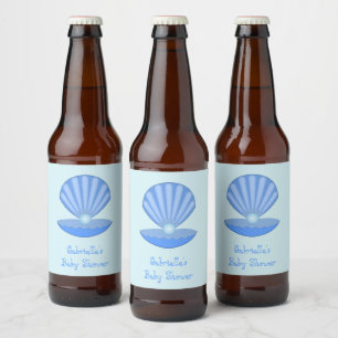 Étiquette Pour Bouteilles De Bière Bébé bleu Coquille d'huîtres et Baby shower Pearl