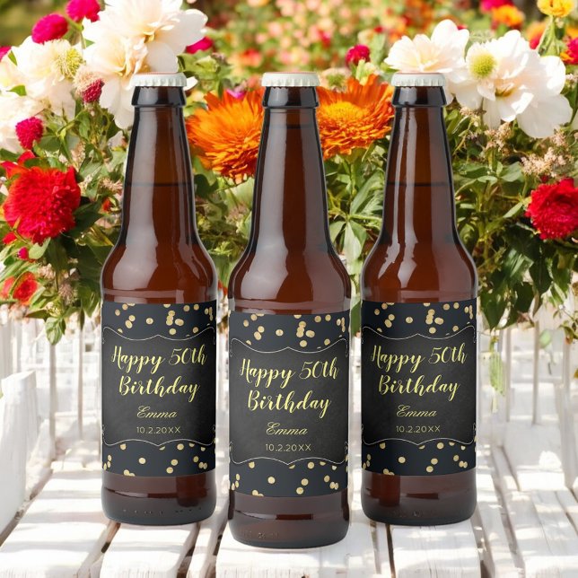 Étiquette Pour Bouteilles De Bière Black Gold Parties scintillant d'anniversaire Glam (Créateur téléchargé)