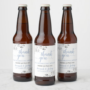 Étiquette Pour Bouteilles De Bière Bleu Dusty sur Merci Mariage en dentelle argentée