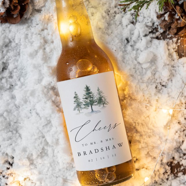 Étiquette Pour Bouteilles De Bière Bois | Mariage À feuillage persistant d'hiver (Créateur téléchargé)