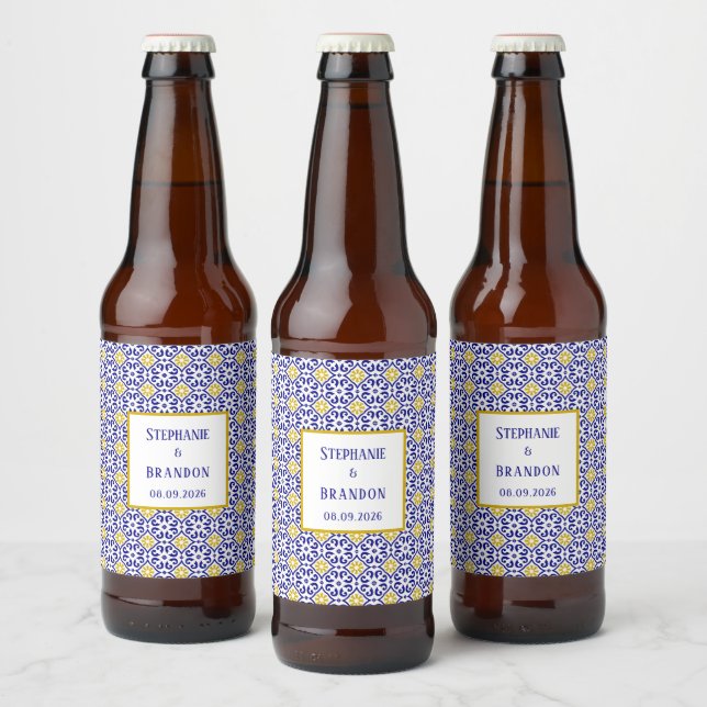 Étiquette Pour Bouteilles De Bière Carreaux portugais Mariage méditerranéen bleu (Bouteilles)