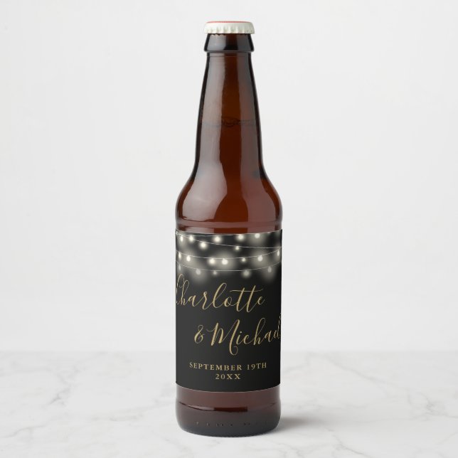 Étiquette Pour Bouteilles De Bière Chaîne Lights Signature Script Black Gold Mariage (Devant)
