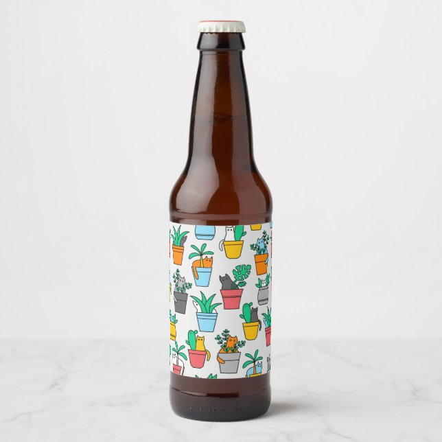 Étiquette Pour Bouteilles De Bière Chats dans les pots à fleurs (Devant)
