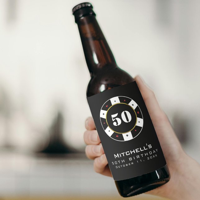 Étiquette Pour Bouteilles De Bière Chip de poker 50e fête d'anniversaire Noir (Poker Chip 50th Birthday Party Black Beer Bottle Label
)