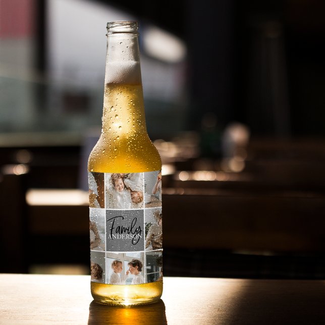 Étiquette Pour Bouteilles De Bière Collage familial photo et cadeau gris personnalisé (Créateur téléchargé)