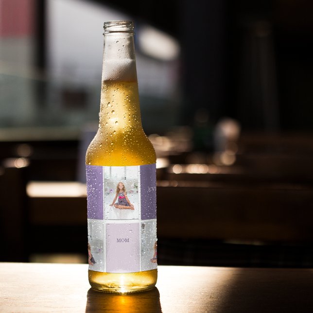 Étiquette Pour Bouteilles De Bière Collage Photo Purple Best Mom Ever Cadeau (Créateur téléchargé)