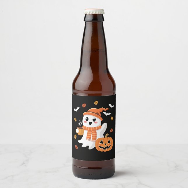 Étiquette Pour Bouteilles De Bière Cute Ghost Boire Café de glace Halloween (Devant)