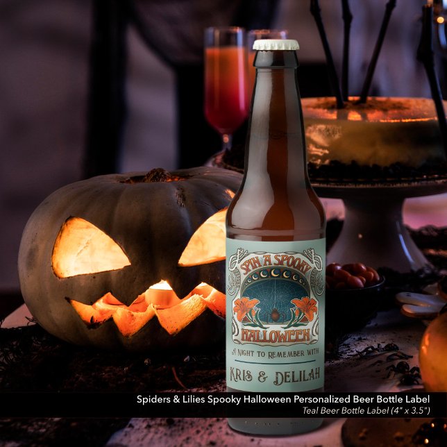 Étiquette Pour Bouteilles De Bière Éffrayant Halloween Araignées et Lily Vintage vict (Spin a Spooky Halloween Personalized, Vintage Style Beer Bottle Label - Teal)