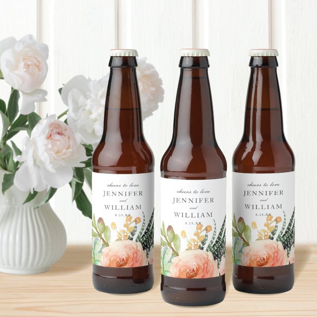 Étiquette Pour Bouteilles De Bière Elégant Aquarelle Succulent Rose Mariage (Créateur téléchargé)