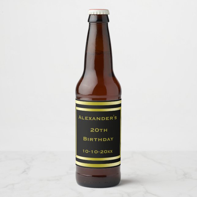 Étiquette Pour Bouteilles De Bière Elégant Black & Gold encadré Anniversaire (Devant)