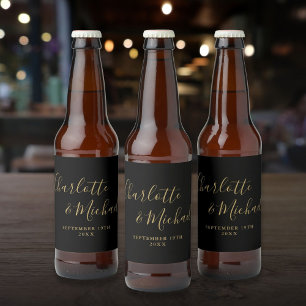 Étiquette Pour Bouteilles De Bière Élégant Script Signature Mariage Noir Et Or