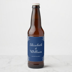 Étiquette Pour Bouteilles De Bière Elégante dentelle florale sur Mariage bleu marine