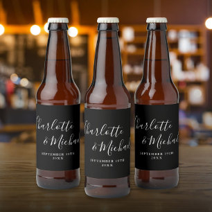 Étiquette Pour Bouteilles De Bière Élégante signature de mariage noir et blanc