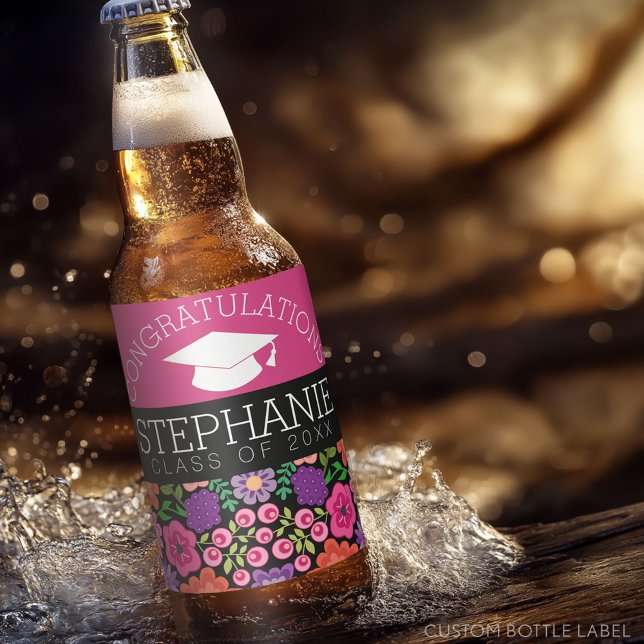 Étiquette Pour Bouteilles De Bière Félicitations Diplômée Fleurs Filles Diplômée (Custom Beer Bottle Label with a Graduation Design)