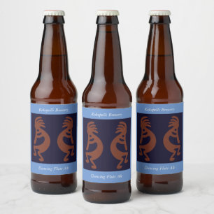 Étiquette Pour Bouteilles De Bière Flûte Jouer Kokopelli Figure - Bleu sur rouille Ro