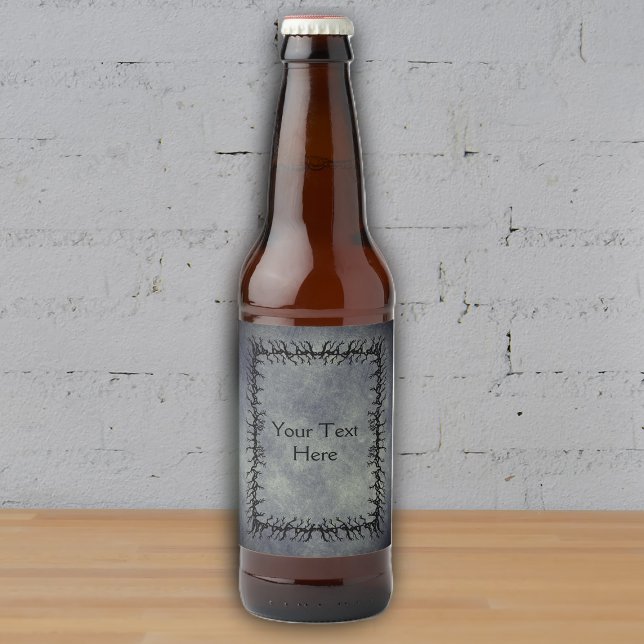 Étiquette Pour Bouteilles De Bière Gothic Barbed black Branch Frame Glowing Grey (Gothic spooky theme black barbed branch frame on glowing grey beer or drink bottle labels.)