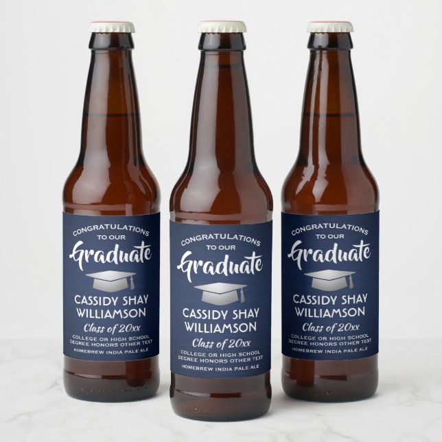 Étiquette Pour Bouteilles De Bière Graduation Congrats Brossé Marine Bleu Blanc Argen (Bouteilles)
