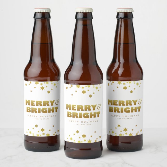 Étiquette Pour Bouteilles De Bière Joyeux et lumineux | Fun Christmas White & Gold (Bouteilles)