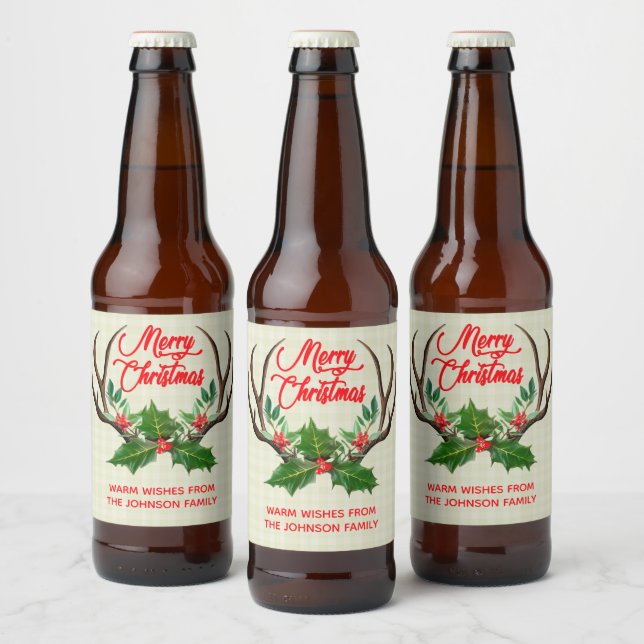 Étiquette Pour Bouteilles De Bière Joyeux Noël Rustique Antlers (Bouteilles)