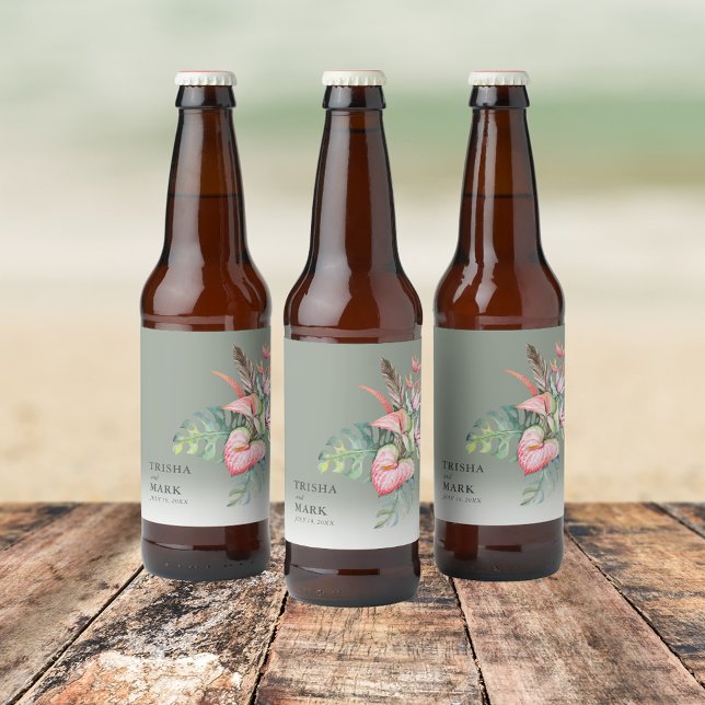 Étiquette Pour Bouteilles De Bière Mariage de plage de fleurs tropicales (Tropical Flower Beach Wedding Beer Bottle Label)