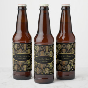 Étiquette Pour Bouteilles De Bière Mariage de script noir Gold Damask