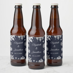 Étiquette Pour Bouteilles De Bière Marine Blue Snowflakes Mariage d'hiver