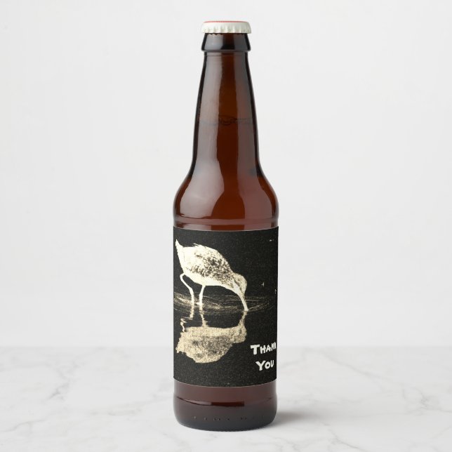 Étiquette Pour Bouteilles De Bière Merci Noir Blanc Plage Bird avec réflexion (Devant)