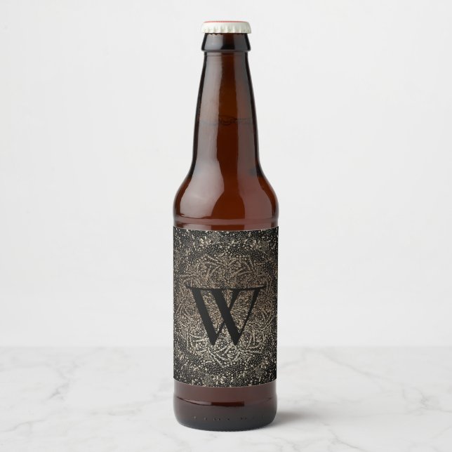 Étiquette Pour Bouteilles De Bière Monogramme de flocon de neige en or noir (Devant)