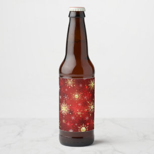 Étiquette Pour Bouteilles De Bière Noël Golden Snowflakes sur Arrière - plan rouge