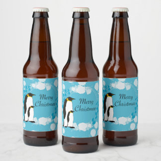 Étiquette Pour Bouteilles De Bière noël, noël, pingouin, fleurs, bleu,