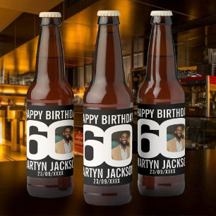Étiquette Pour Bouteilles De Bière Noir 60e anniversaire personnalisé nom photo étiqu