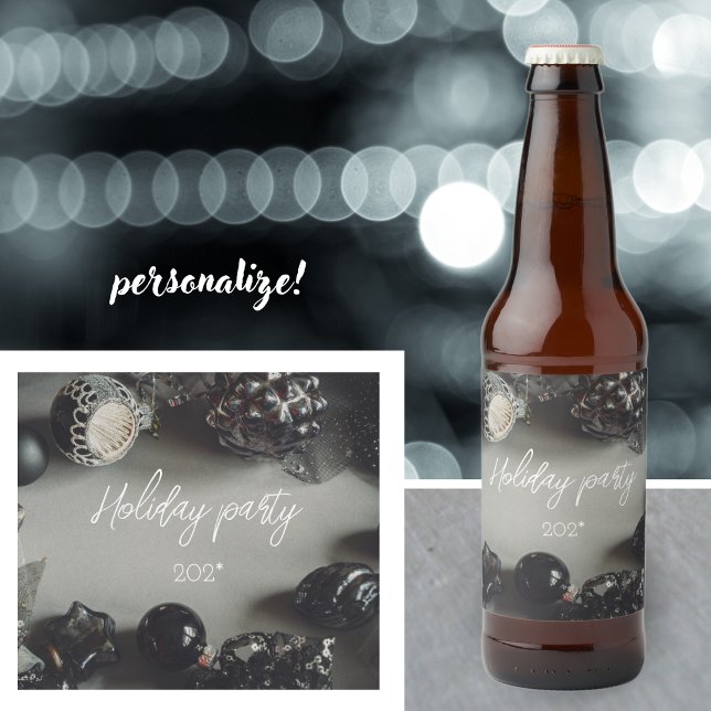 Étiquette Pour Bouteilles De Bière Ornements de Noël Noir vintage avec ruban (Créateur téléchargé)