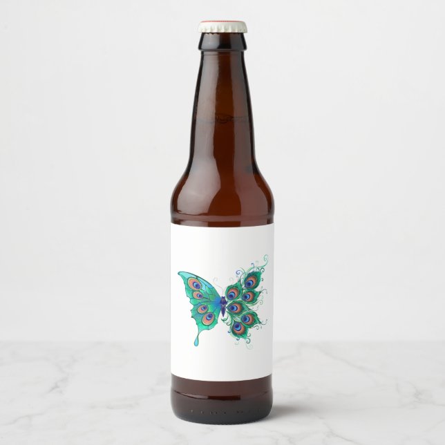 Étiquette Pour Bouteilles De Bière Papillon aux plumes de paon vert (Devant)