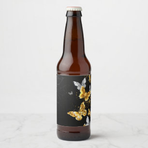 Étiquette Pour Bouteilles De Bière Papillons blancs et dorés