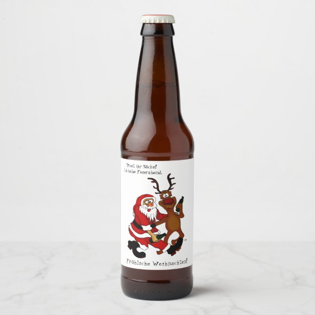 Étiquette Pour Bouteilles De Bière Père Noël avec orignal - Joyeux Noël (Devant)
