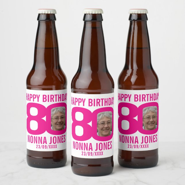 Étiquette Pour Bouteilles De Bière Pink 80th Birthday personnalisé nom photo étiquett (Bouteilles)