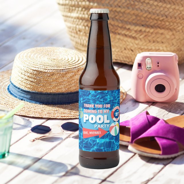 Étiquette Pour Bouteilles De Bière Piscine d'été Fête Tropicale Anniversaire Bleu (Créateur téléchargé)