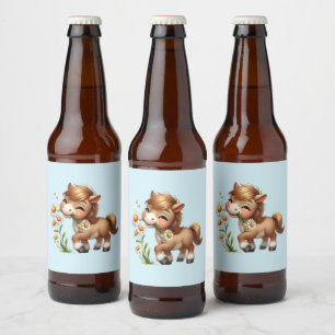 Étiquette Pour Bouteilles De Bière Poney mignon mangeant des pâquerettes