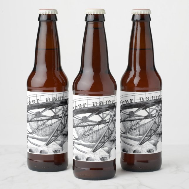 Étiquette Pour Bouteilles De Bière Pont antique. Dessin au crayon. (Bouteilles)