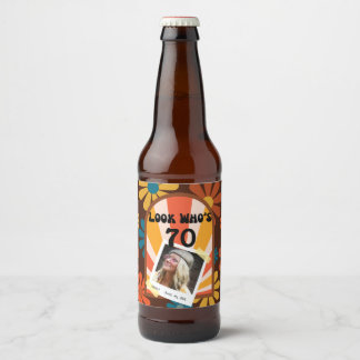 Étiquette Pour Bouteilles De Bière Retro Hippie 60's Photo personnalisée 70e annivers